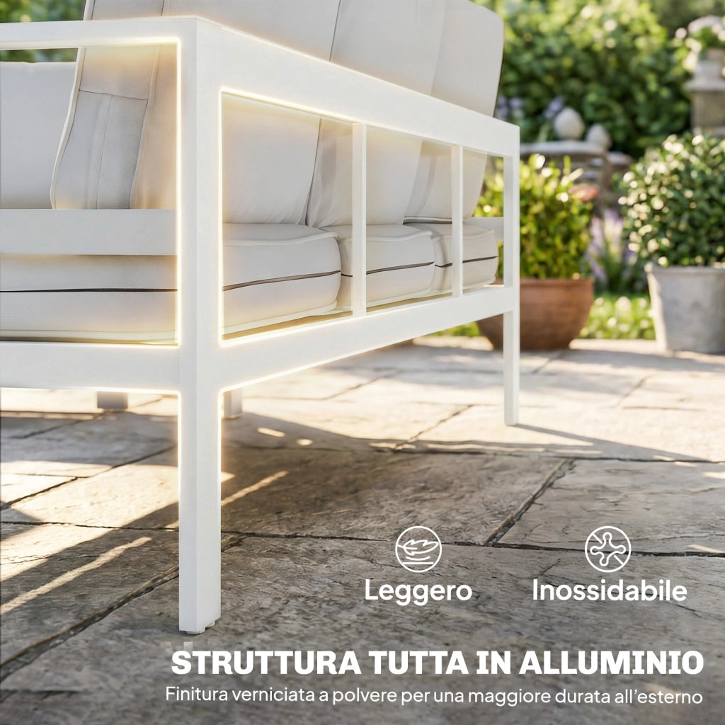 Mobili da Giardino in Alluminio con Divano 3 Posti, 2 Sedie e Tavolo per Esterni, Bianco