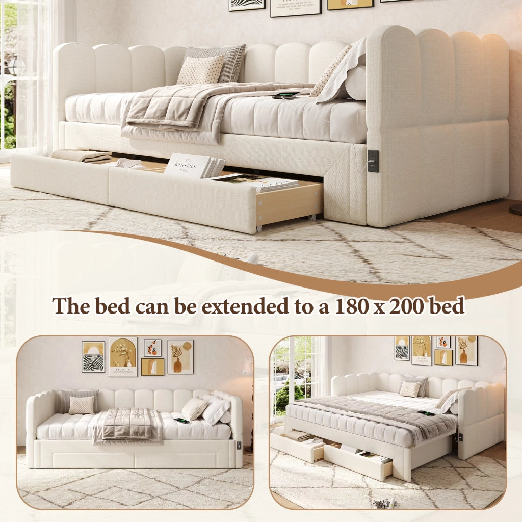 Letto Estraibile 90x200 cm e 180x200 cm con Cassetti; USB e Type-C in Lino Beige