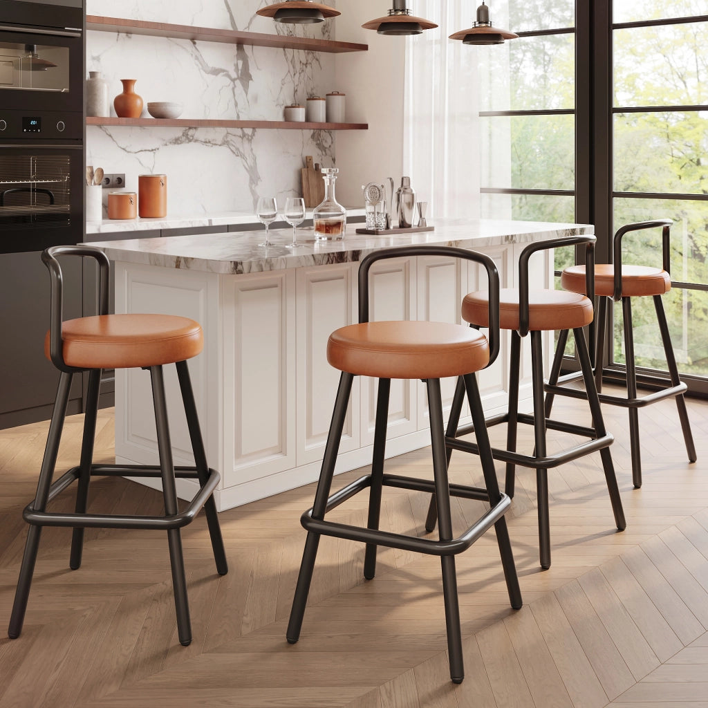 Sgabello da bar con schienale ergonomico e seduta imbottita in PU idrorepellente, gambe in metallo marrone