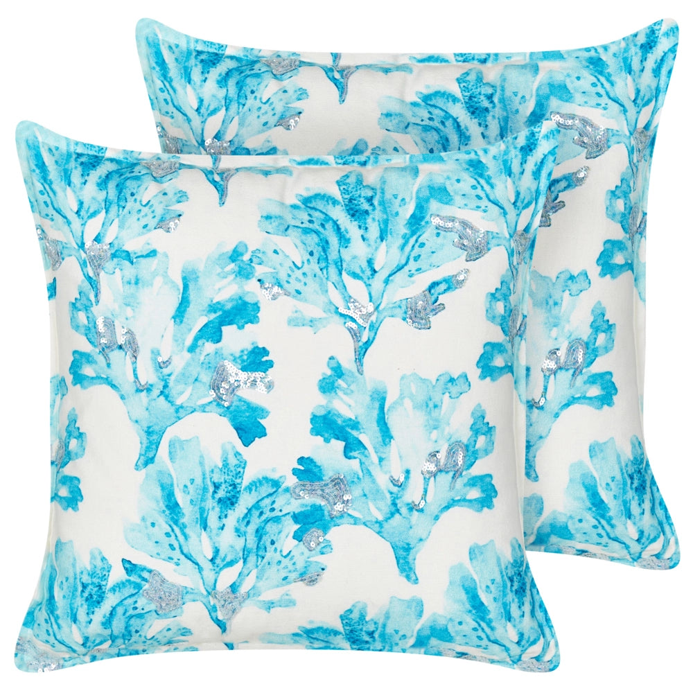 Set di 2 cuscini quadrati in cotone con motivo corallino marino bianco e blu 45 x 45 cm accessori per la casa