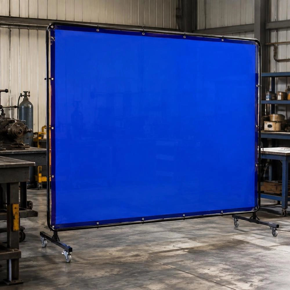 Welding Screen With Frame, 6 X 8 FT Welding Curtain Screen, Flame-Resistant Vinyl Safety Protection Screens With Lockable Swivel Wheels & 6-Level UV Protection For Workshop/Industrial Use, Blue
