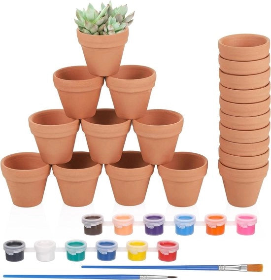 24 vasi di terracotta per piante 3 × 35 cm - inclusi 2 spazzole e 12 colori - per dipingere - vasi di terracotta piccoli per interni DIY