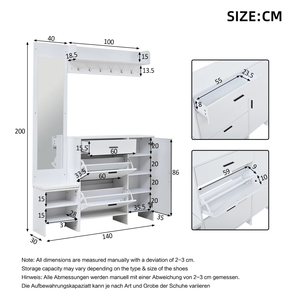 Mobile ingresso con specchio, panca, 6 ganci, 1 cassetto, 2 ante ribaltabili e 4 vani, in MDF bianco, 140 × 30 × 200 cm