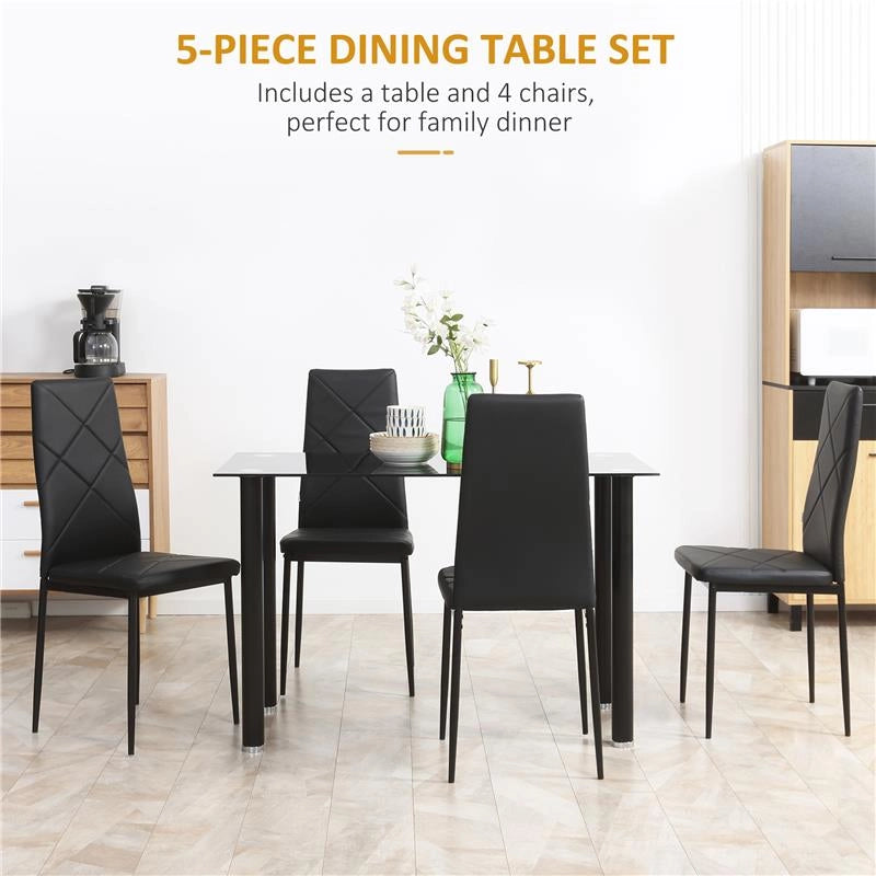 SET TAVOLO DA PRANZO CON 4 SEDIE, PIANO IN VETRO E SEDIE IMBOTTITE IN FINTA PELLE, NERO