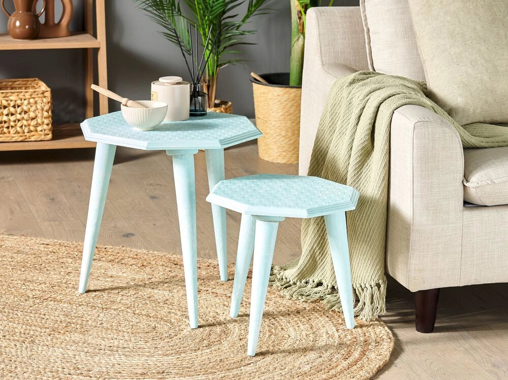 Set di 2 tavolini da caffè in legno di mango di colore azzurro stile classico retrò soggiorno salotto