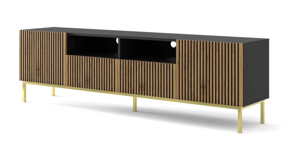 MOBILE RAVENNA F PORTA TV IN MDF VERNICIATO 2D2S 200 NERO OPACO ROVERE ARTIGIANALE STRUTTURA ORO