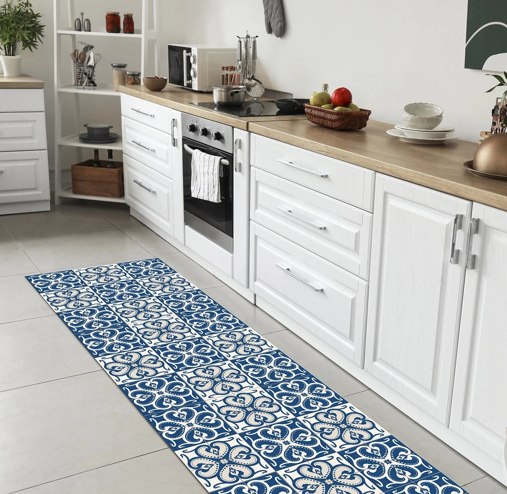 Tappeto Cucina Antiscivolo Made in Italy Passatoia Antimacchia Multiuso Corridoio Soggiorno Lavabile in Lavatrice - 50x300 - Mattonella blu