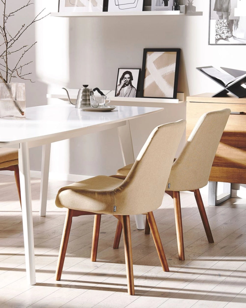 Set di 2 sedie Tessuto poliestere beige sabbia Gambe in legno massello scuro Sedile spesso imbottito