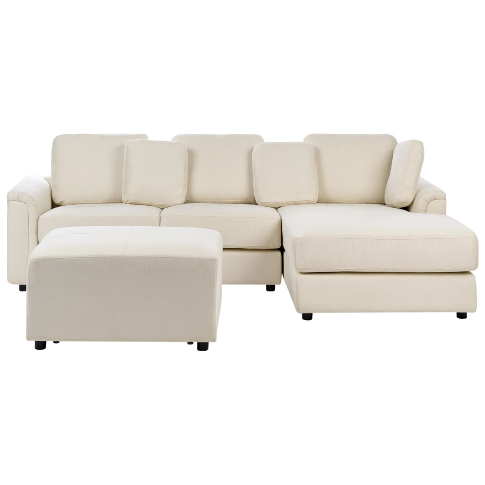 Divano stile moderno ad angolo con pouf in tessuto beige chiaro lato sinistro