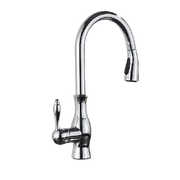 NAVIS | Elegante rubinetto cucina estraibile in acciaio inox cromato argento, arco alto, miscelatore di lusso, alta pressione, 360°, 2 attacchi