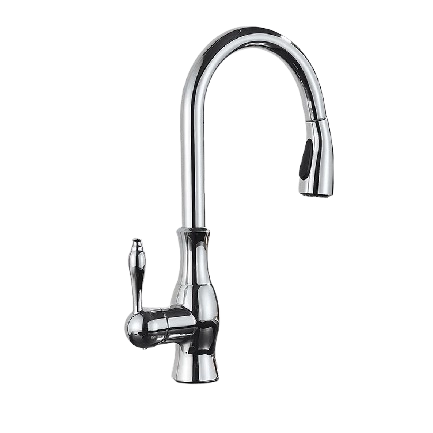 NAVIS | Elegante rubinetto cucina estraibile in acciaio inox cromato argento, arco alto, miscelatore di lusso, alta pressione, 360°, 2 attacchi