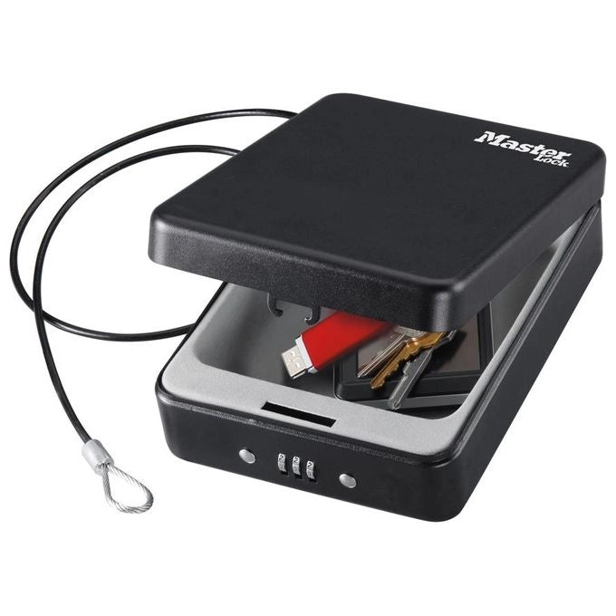 MASTER LOCK P005CEURBLKHRO Cassetta di Sicurezza Portatile in Acciaio con Serratura a Combinazione Regolabile e Cavo di Fissaggio 90 cm colore Nero