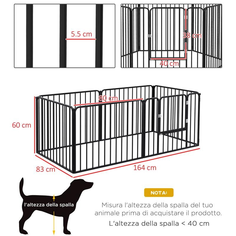 RECINTO PER CANI A 6 PANNELLI MODULABILI DA INTERNO ED ESTERNO, IN ACCIAIO, 164X83X60 CM, NERO