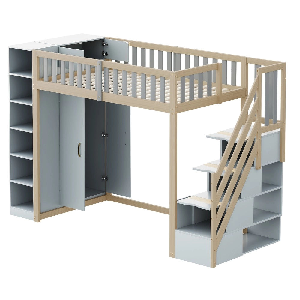 Letto a Soppalco Multifunzione con Armadio e Ripiani ¨C Xylo ¨C 90x200, Grigio/Legno Naturale