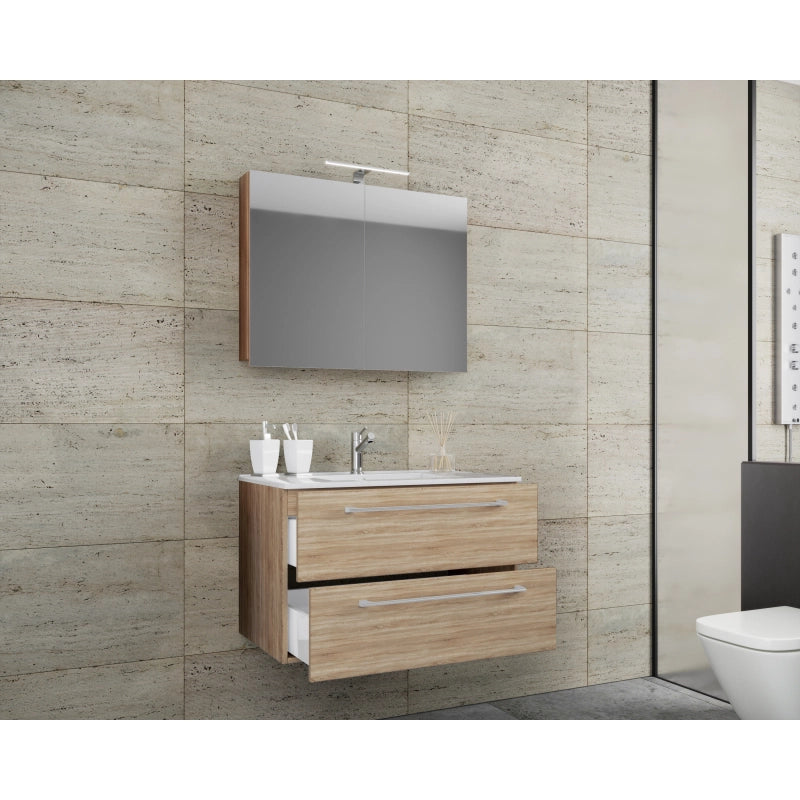 Completo di Ezooza Mobile Sospeso con 2 cassetti Large con lavabo in ceramica di alta qualità e mobile specchio, Rovere Sonoma ,