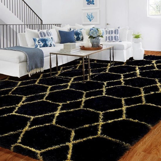 Tappeto a pelo lungo, nero e oro, soglia 180x270, antiscivolo, lavabile, grande, morbido, tappeto soffice, camera da letto, bambini, ragazze, ragazzi, tappeto a pelo lungo per letto.