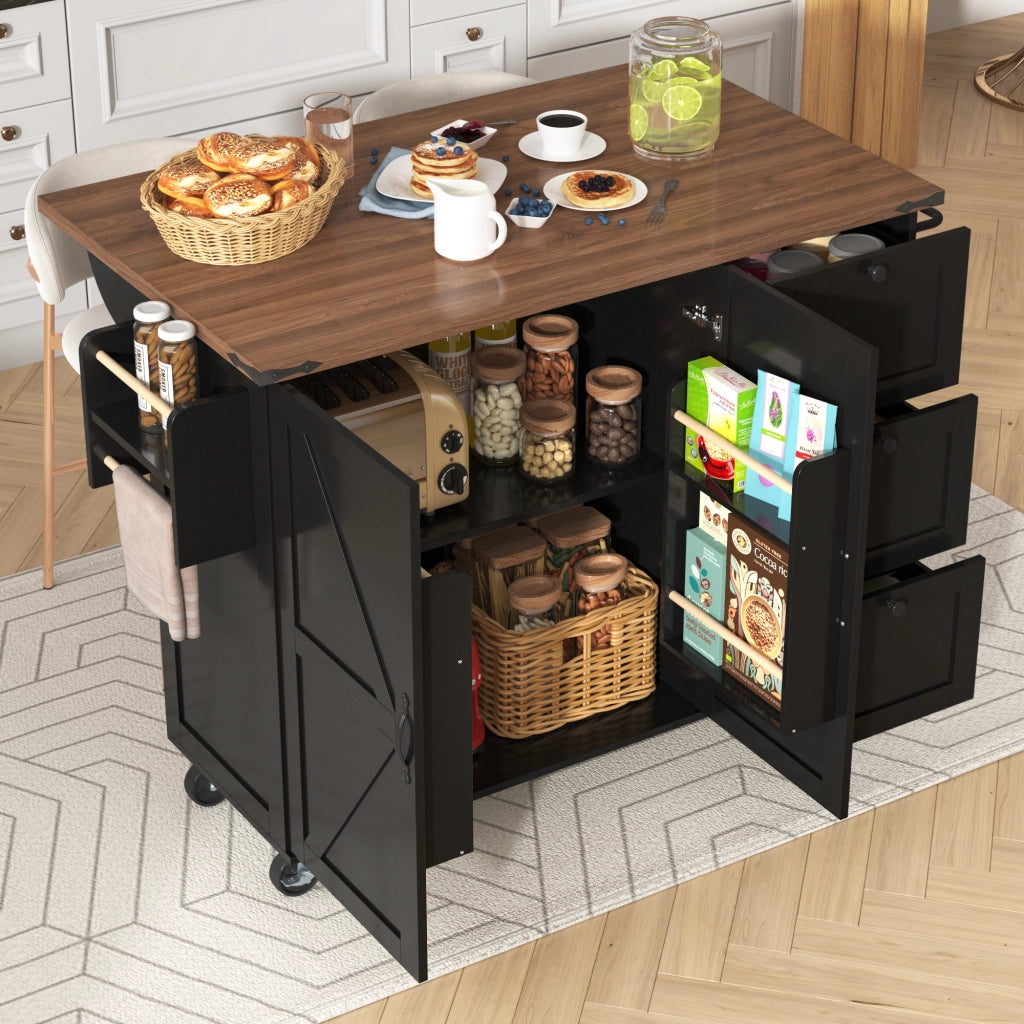 Carrello da Cucina con 1 Anta; 3 Cassetti; Piano Ribaltabile; Portaasciugamani e Ruote; in MDF; Nero