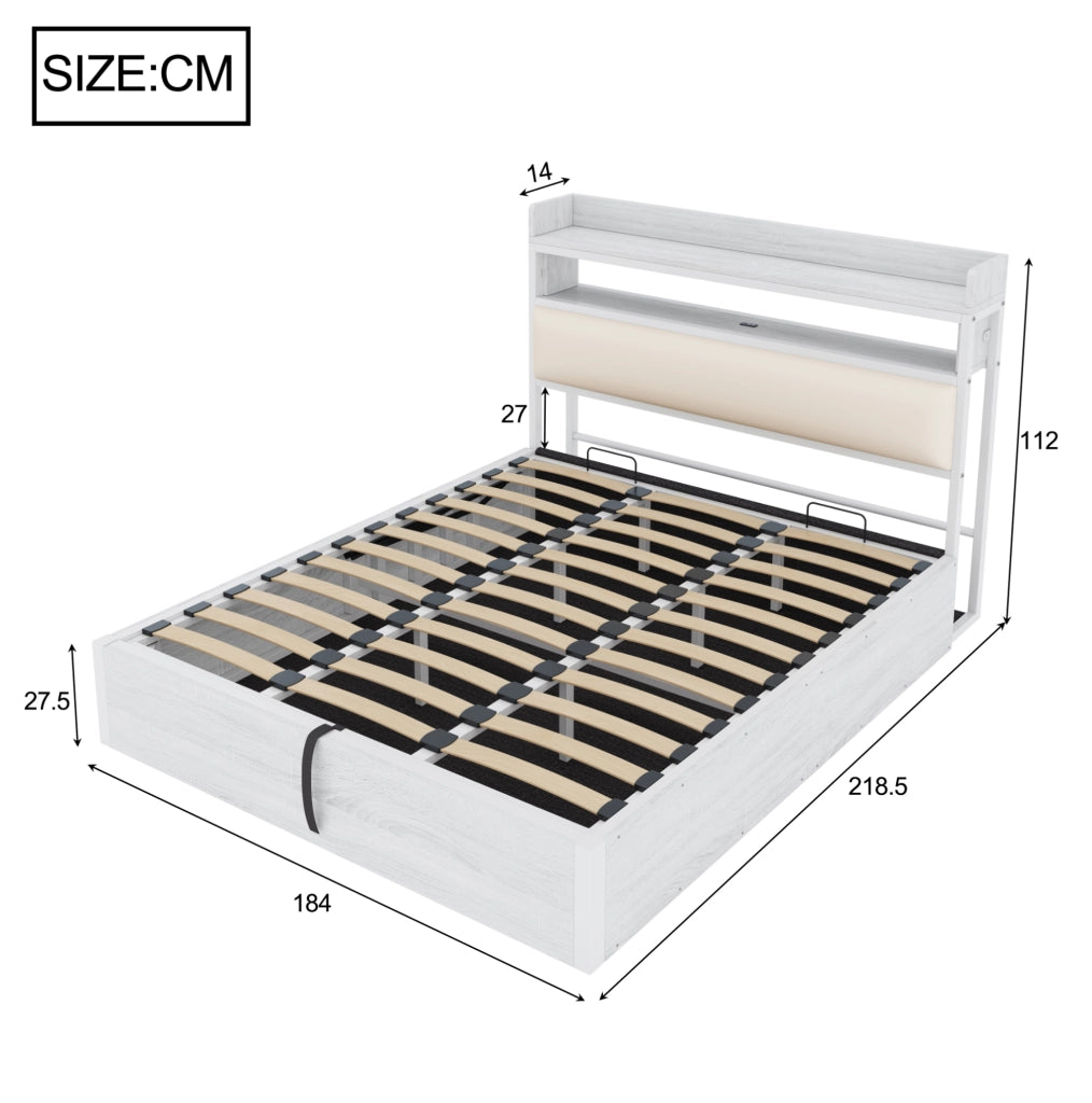 Letto 180x200 cm con contenitore idraulico in metallo; legno e tessuto bianco