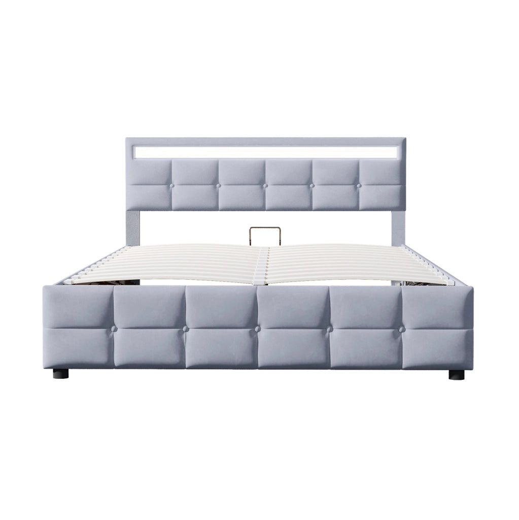 Letto imbottito ULEVR 180x200 cm con contenitore idraulico e luci LED, velluto grigio