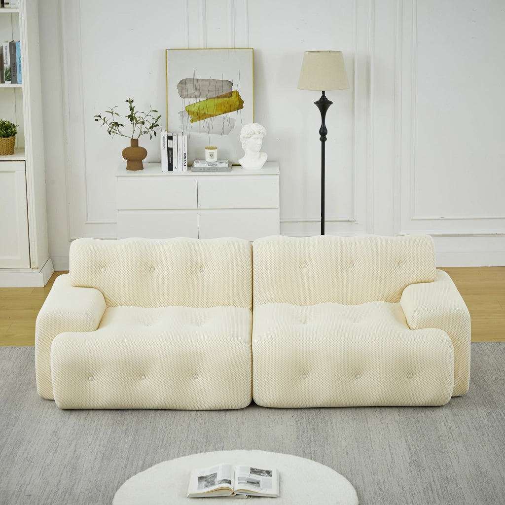 Divano a 2 posti in tessuto traspirante con braccioli larghi e supporto ergonomico beige 224 × 104 × 66 cm