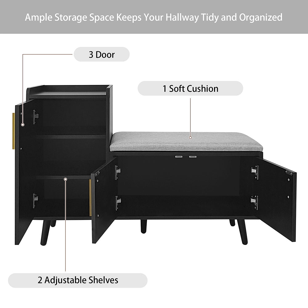 Banc moderne con ripostiglio per scarpe - Xylo - L100xP34xH69 cm - Porte metalliche asimmetriche, tre porte, pi?? livelli di stoccaggio