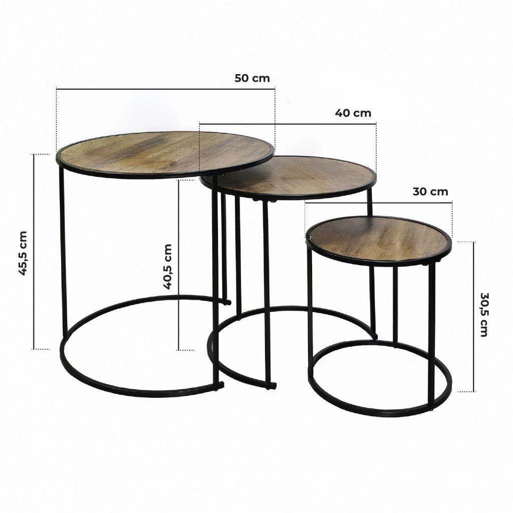 Set 3 Tavolini da Salotto Rotondi Impilabili, Tavolini Bassi Salvaspazio con Piano Effetto Legno Marrone e Struttura in Metallo Nero, Design Moderno Industriale