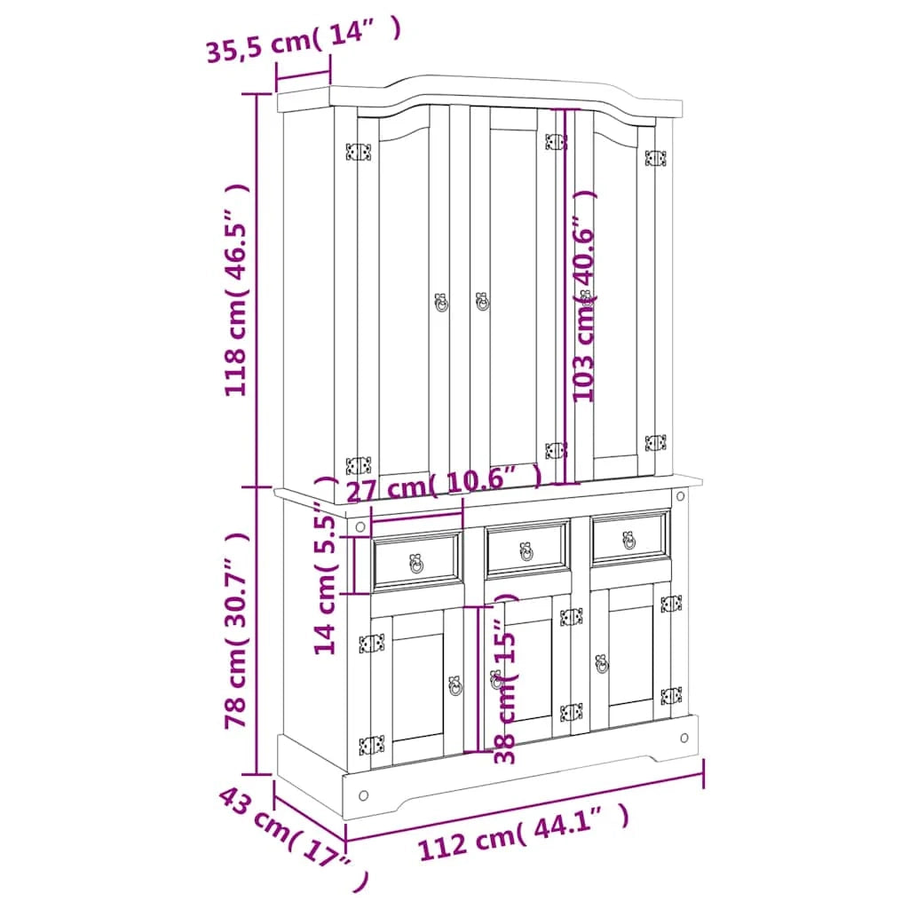 Credenza alta Corona cassettiera armadio mobile contenitore organizer per cucina soggiorno salotto 112 x 43 x 196 cm legno massello di pino finitura bianca 02_0034220