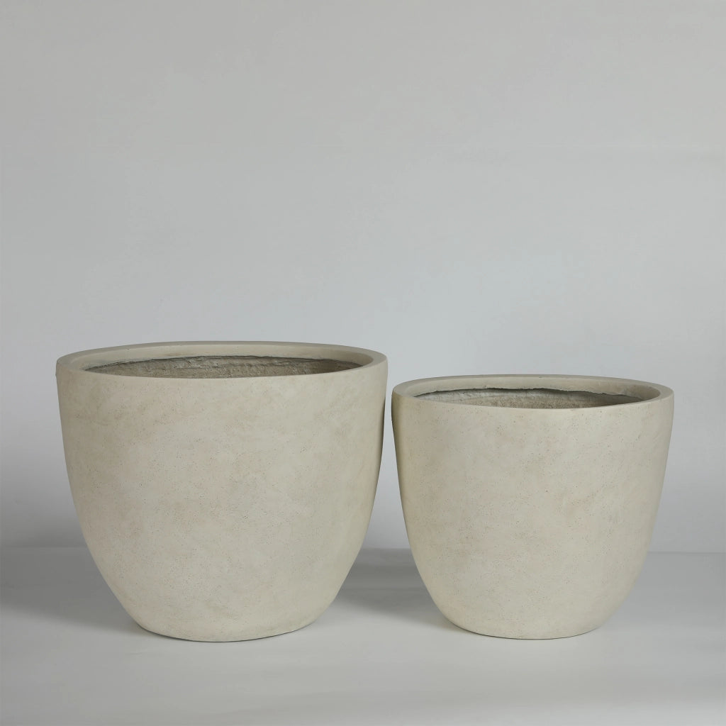 Set 2 Vasi da Giardino in Cemento Artigianali con Foro Drenaggio ¨C MINIMAL ¨C Bianco, 38x32 e 45x37 cm