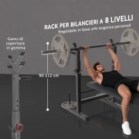Panca Pesi Pieghevole con 8 Altezze Regolabili e Supporto Bilanciere in Acciaio e PU, 140x73x98-122 cm, Grigio