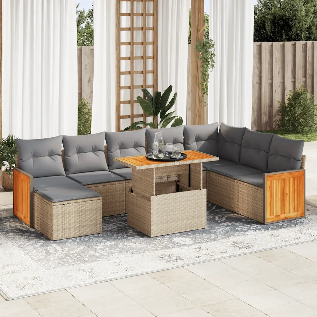 Set Divano da Giardino 9 pz con Cuscini Beige Polyrattan Acacia