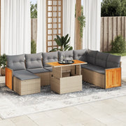 Set Divano da Giardino 9 pz con Cuscini Beige Polyrattan Acacia