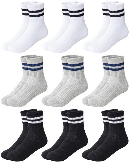 Sokke per bambini - Comfortevoli - Duraturi - Cotone - Calzature sportive - Pacco da 9 - Cuscinetti rinforzati per dita/ tallone - Sokke sportive