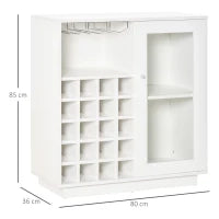 Mobiletto Portabottiglie Vini con Porta Calici e Armadietto, Capacità 20 Bottiglie, 80x36x85 cm, Bianco