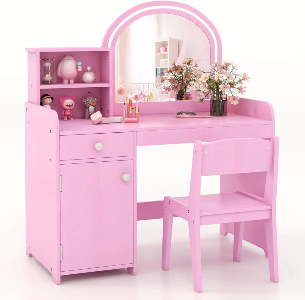 Toeletta Trucco 2 in 1 per Bambina, Specchiera per Ragazza in Legno con Mensole, Cassetto, Ripiani e Luci LED Regolabile, Postazione Trucco per 3 Anni, 80 x 40 x 94 cm (Rosa)