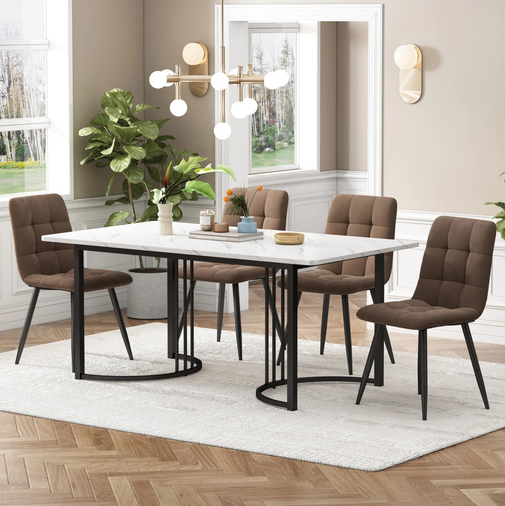 Set da pranzo 5 pezzi 140x80 cm con piano in MDF effetto marmo; gambe in metallo; bianco