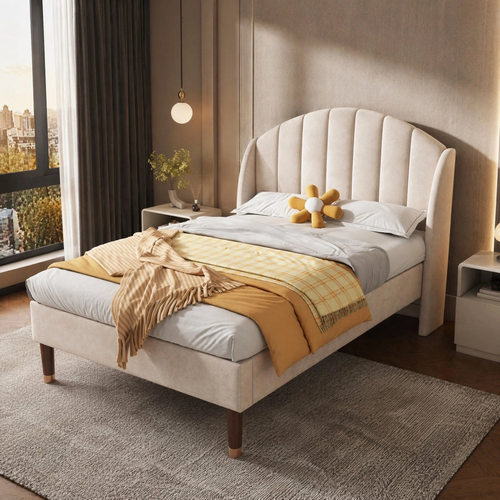 Letto imbottito in velluto beige con rete a doghe e testiera 90 x 200 cm