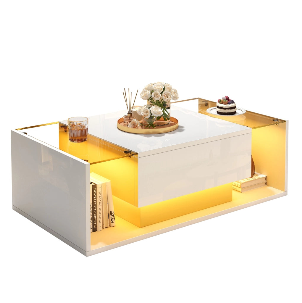 Tavolino da salotto quadrato 100 x 50 x 31 cm con 1 cassetto; LED e vetro temperato bianco lucido