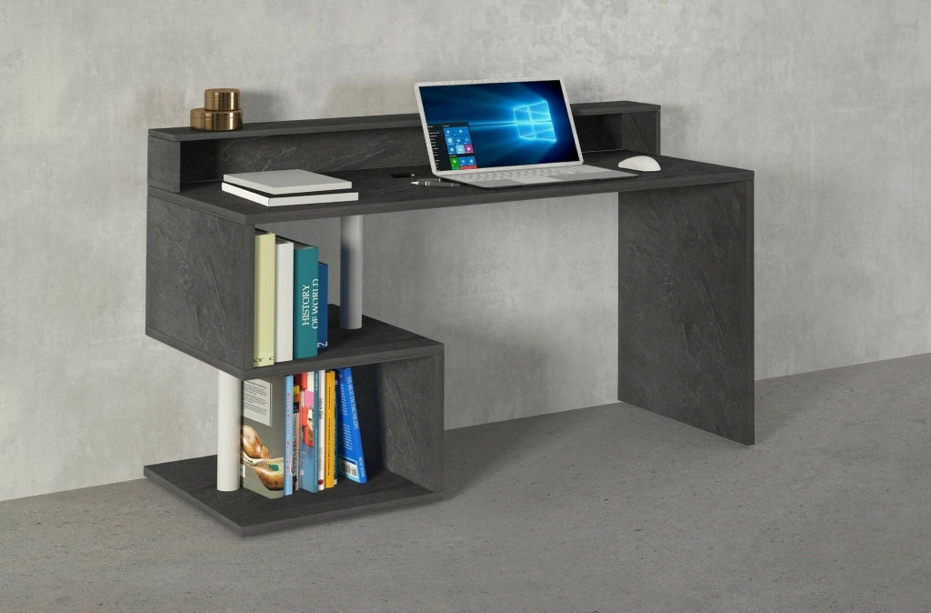 Scrivania Kobenhavn, Scrittoio lineare con ripiani portaoggetti, Scrivania ufficio multiuso con sopralzo, 140x60h93 cm, Ardesia