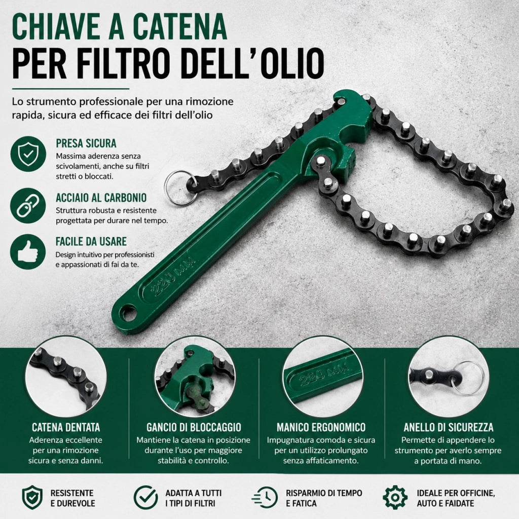 Chiave a Catena 9 Pollici per Filtro Olio Gasolio Auto e Moto Smontaggio 05041