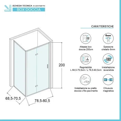Box doccia 70x80 cm con porta a soffietto serigrafata H 200 cm Ted