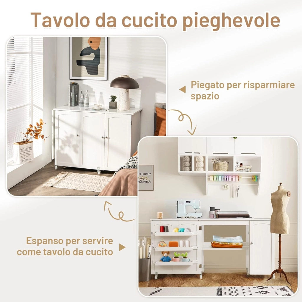Tavolo Pieghevole da Cucito, Tavolo Versatile a Ribalta con Superficie Ampia, Scrivania per Computer con Ruote Bloccabili, Ideale per Salone Camera da Letto Studio (Bianco)