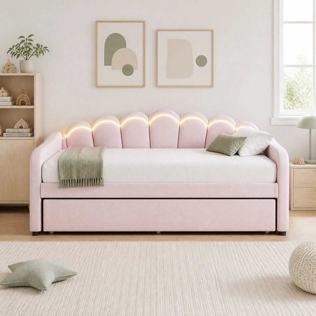 LETTO con letto estraibile 90x200 cm in velluto rosa con LED