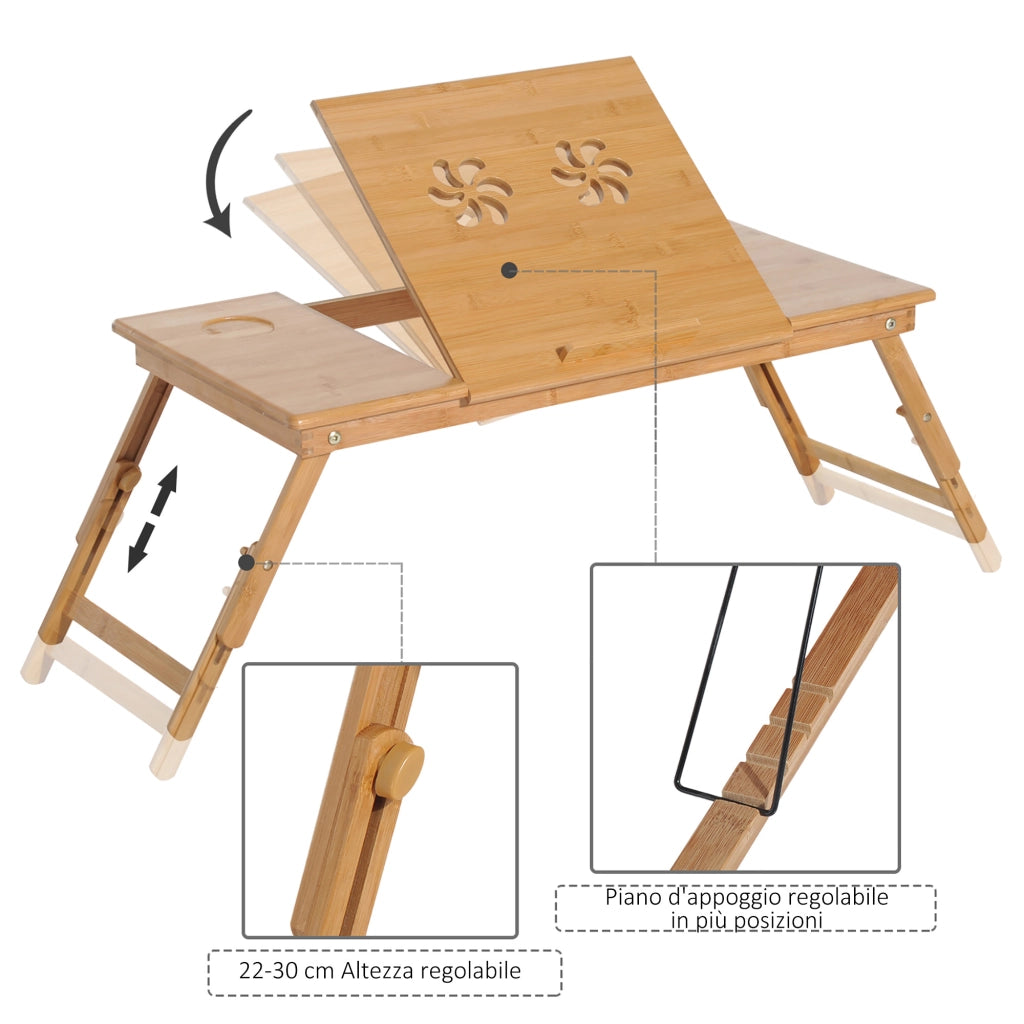Tavolino da Letto per PC Pieghevole e Inclinabile con Cassetto. 72x35x22-30. Colore Legno