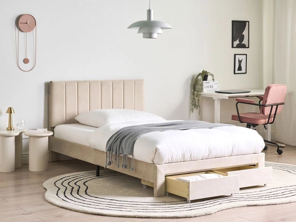 Letto matrimoniale 120 x 200 cm Beige Rivestimento in velluto 4ft con cassetti Testiera Base a doghe Moderno
