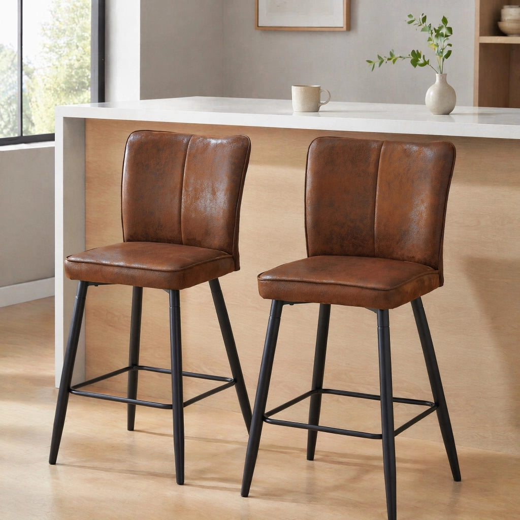 Sgabello da Bar Set da 2 con Schienale Ergonomico e Poggiapiedi, in Tessuto e Metallo, Marrone e Nero