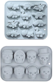 Un dinosauro in silicone con testa - con forma di cubetti di ghiaccio e biscotti - per una creazione creativa per bambini.