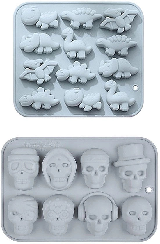 Un dinosauro in silicone con testa - con forma di cubetti di ghiaccio e biscotti - per una creazione creativa per bambini.