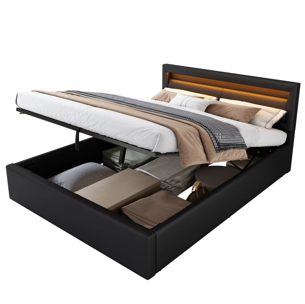 Letto imbottito LED con contenitore 140x190 cm in PU nero