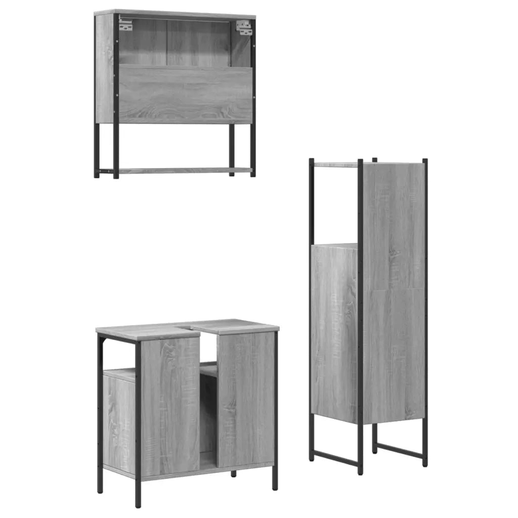 Set Mobili da Bagno | Armadio da bagno 3 pz Grigio Sonoma in Legno Multistrato