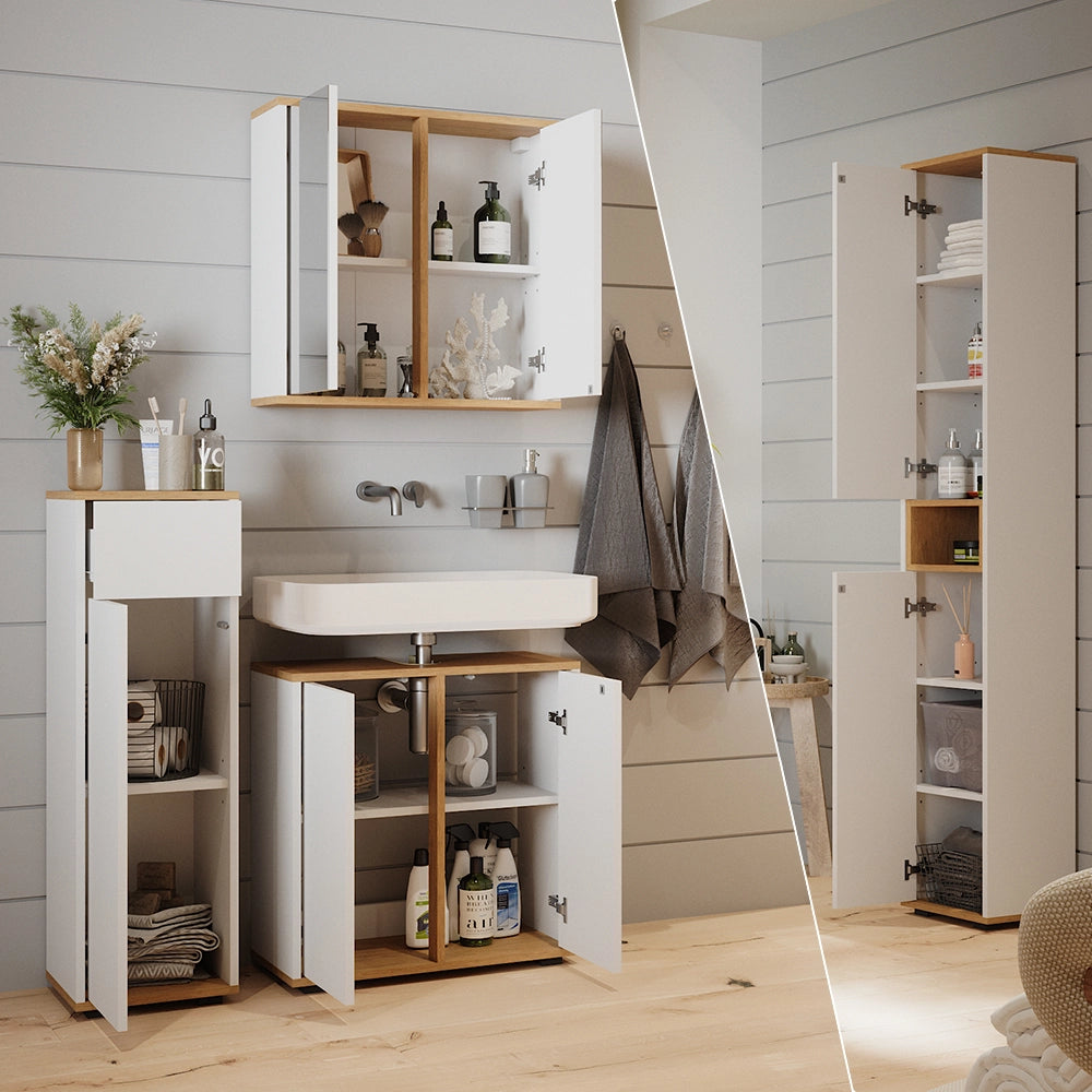 Vicco Set mobili bagno Bianco/Artisan 4 pezzi, con unità alta e unità midi